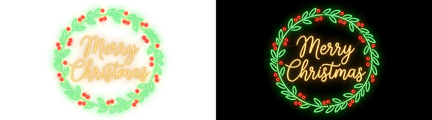 Merry Christmas neon golden script inside a green leaf wreath with red berries for greeting cards in PNG, Transparent and Black Background Versions © Rubel