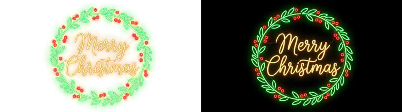 Merry Christmas neon golden script inside a green leaf wreath with red berries for greeting cards in PNG, Transparent and Black Background Versions