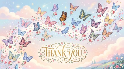 Obraz premium Colorful butterflies flying around a beautiful hand drawn thank you message text design