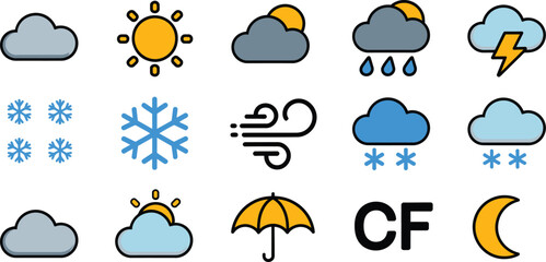Obraz premium Vector Weather Icon Set, colorful sun rain snow cloud lightning wind umbrella and temperature symbols for weather forecast applications and meteorology design.