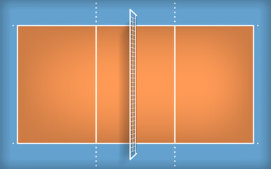 Obraz premium Top view illustration of an indoor volleyball court with an orange playing surface, blue surrounding area, white boundary markings, center lines, and a volleyball net.