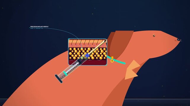 Detailed animation explaining pet RFID microchip technology showing subcutaneous injection in Canis familiaris, internal components, 134.2 kHz RF excitation, and backscatter modulation