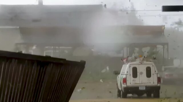 Close-up of a hurricane destroying everything in its path.