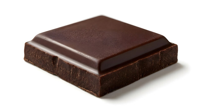 Single piece of dark gourmet chocolate isolated on a white background, showing its smooth texture and rich color.