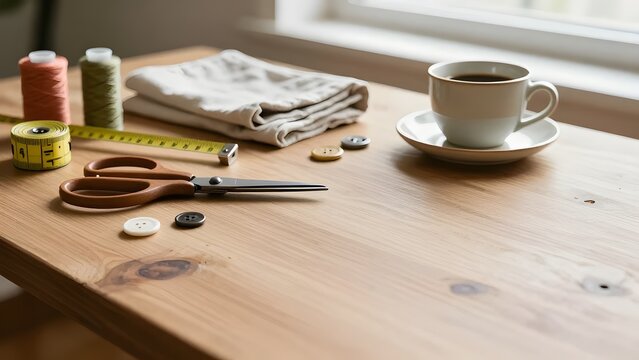 Cozy sewing workspace with colorful threads scissors measuring tape buttons folded fabric and warm cup of coffee on wooden table by window under soft natural light creating peaceful crafting atmospher