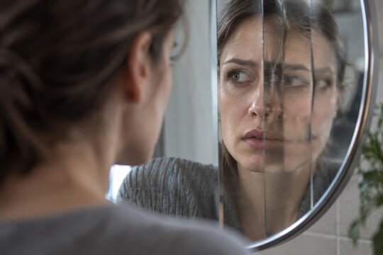 A woman studies her fragmented reflection in a round mirror. Multiple faces appear across the broken reflection. Schizophrenia, inner voices and hallucination in mental health.