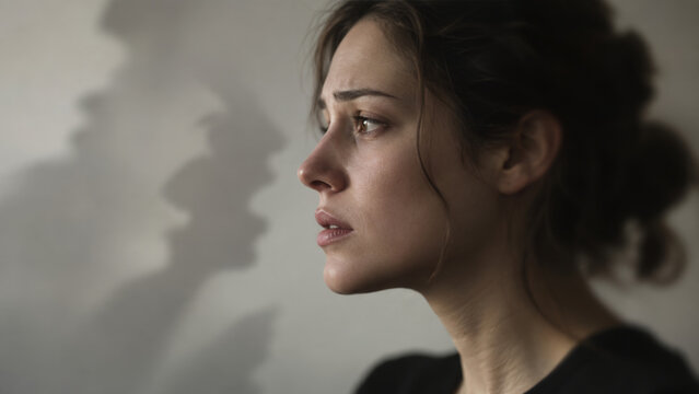 A woman stares ahead in profile beside a distorted shadow. Her face is accompanied by a humanlike silhouette on the wall. Schizophrenia, inner voices and visual hallucination awareness.