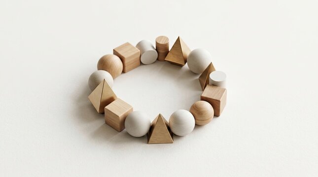 A wooden bracelet is constructed with geometric shapes. The bracelet consists of wooden cubes, wooden triangles, wooden pyramids, and white spheres.