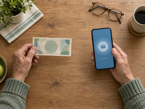 Senior Hands Choosing Between Cash and Mobile Payment