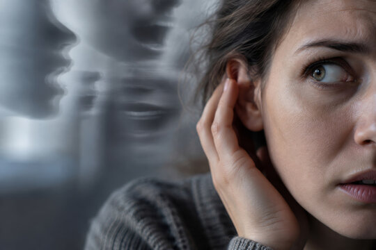 A woman presses one hand to her ear and listens. Ghostly faces hover beside her wide, startled eye. Auditory hallucination and schizophrenia involving voices in the head.
