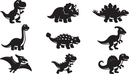 Obraz premium Set of cute cartoon dinosaur silhouettes isolated on a white background for kids design