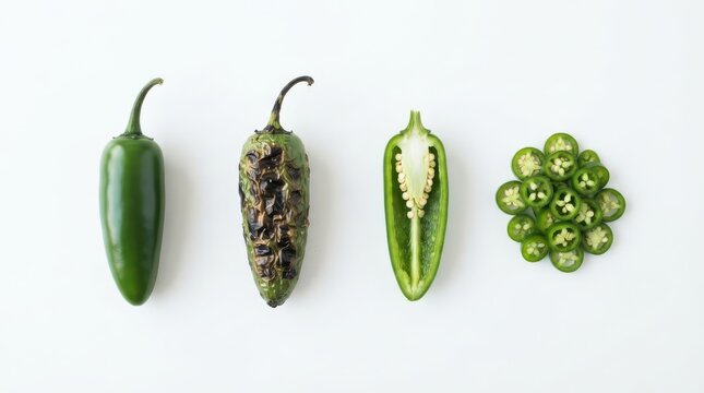 Jalapeno peppers isolated on white background, showing a whole fresh pepper, a charred roasted pepper, a halved pepper, and a pile of sliced rings
