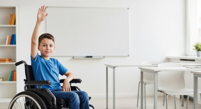 Boy in wheelchair raising hand in classroom during lesson, eager to participate in discussion, showcasing engaging education environment for inclusive learning experience.