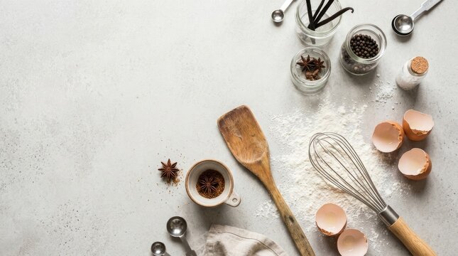 A wooden spoon, whisk, and measuring spoons rest on a light gray countertop dusted with flour.