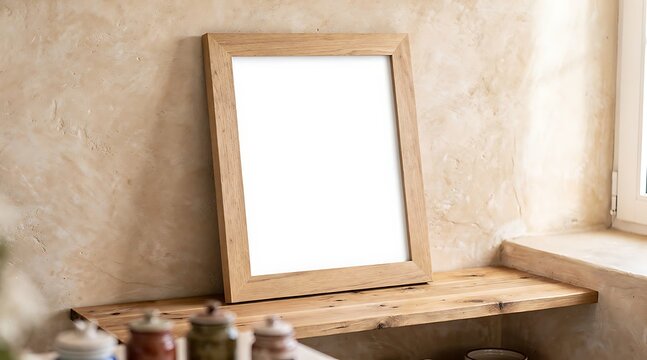 Minimalist vertical wooden picture frame mockup with white blank space leaning against a textured beige wall on a rustic wooden shelf in a bright, sunlit room, perfect for art presentation.