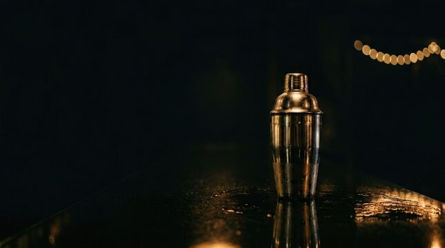 A gleaming cocktail shaker rests on a dark wooden table, illuminated by soft, warm lights. String lights create a bokeh effect in the background, adding a festive atmosphere.
