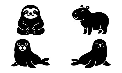 Obraz premium Set of minimalist black animal icons featuring a sloth capybara and seals on white