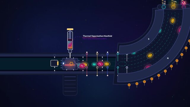2D animation explaining the scientific process of mass spectrometry showing thermal vaporization, electron gun ionization, electrostatic lens, ion beam injection and separation by mass-to-charge