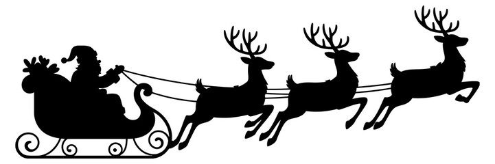 Black silhouette of santa claus in a sleigh pulled by four reindeer against a white background © MOHAMMADTORIQUL