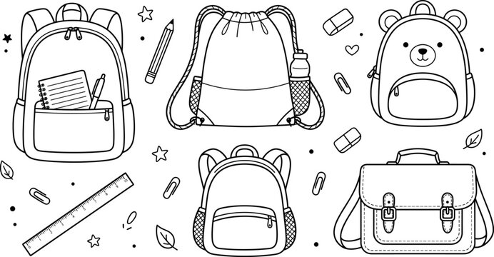 School backpacks and bags vector doodles set with student rucksack briefcase drawstring pouch ruler stationery and education elements