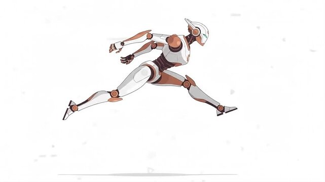 Futuristic cyborg female robot jumping and running fast in dynamic motion isolated on white background