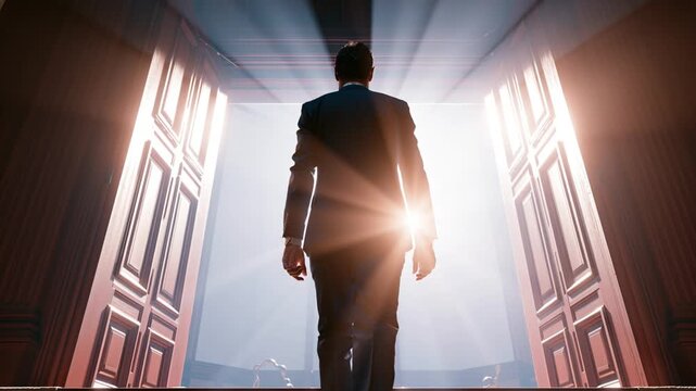 Businessman with briefcase walking towards glowing open doorway future success
