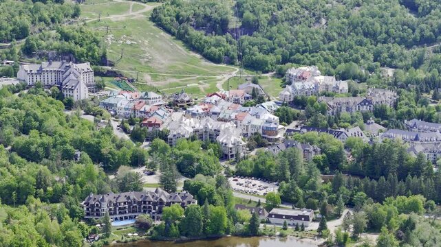 Aerial view of Mont Tremblant resort village, Quebec, Canada with lake, forest and mountain landscape in summer. g.
