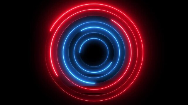 Glowing neon red and blue color circle frame background with loading bar icon animation eclipse rotation circular processing icon light effect seamless footage on black background	