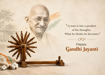 Obraz premium Gandhi jayanti celebration concept featuring a spinning wheel charkha and an inspirational quote mahatma gandhi heritage