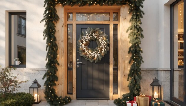 Christmas Tree and Wooden Door in Front of an Old Historic House with Architectural Details, Festive Holiday Entrance and Traditional Winter Decoration