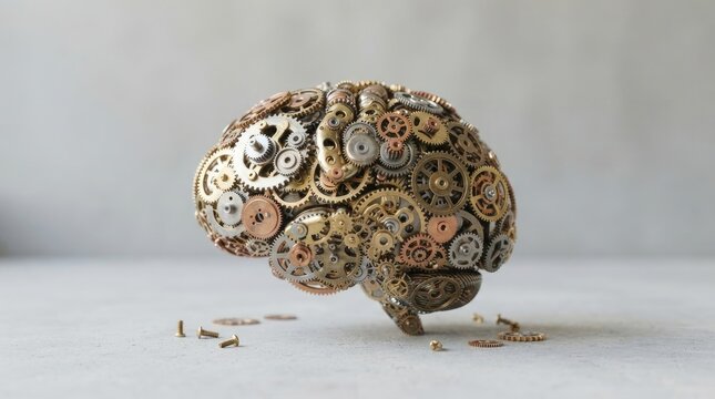 A steampunk brain is constructed from intricate gears, cogs, and metallic components. The brain sits on a gray concrete surface, surrounded by scattered small gears and bolts.
