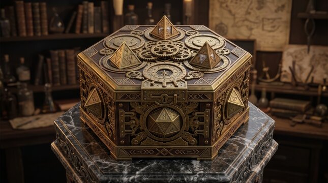 Intricate Steampunk Mechanical Puzzle Box with Brass Gears and Pyramids on a Marble Pedestal in a Vintage Alchemist Study, 3D Render of a Mystical Arcane Treasure Chest with Runic Symbols