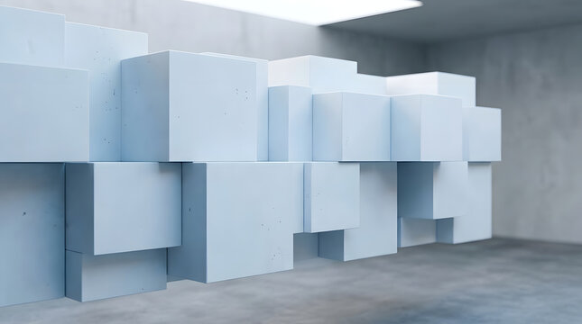 Abstract composition of white geometric cubes floating in a minimalist concrete interior space for modern design.