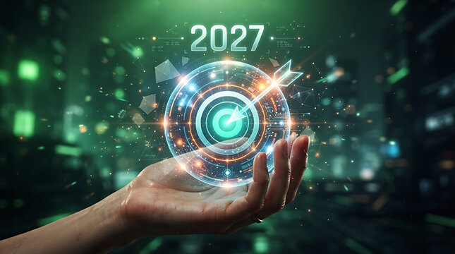 Future business goals for 2027 concept with target in hand, technology art