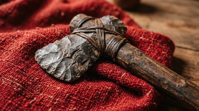 Ancient stone axe resting on red fabric texture background