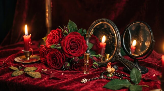 Dark romantic table setting with candles roses and vintage mirror