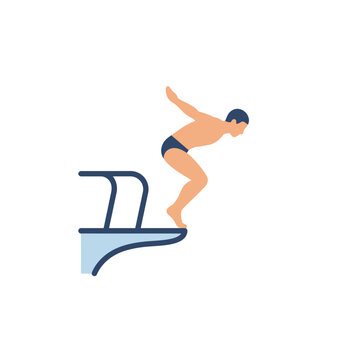 Professional Male Swimmer Jumping From A Diving Board Vector Illustration