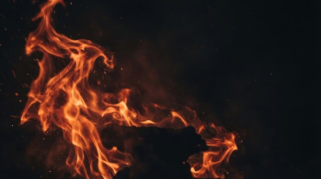A vibrant, dynamic flame dances against a dark background. The fire displays intense orange and yellow hues, with wisps of smoke curling upwards.