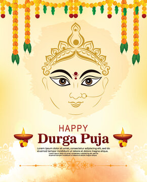 Durga puja celebrate greeting post design. With hindu traditional garland flower. Indian culture decorations background