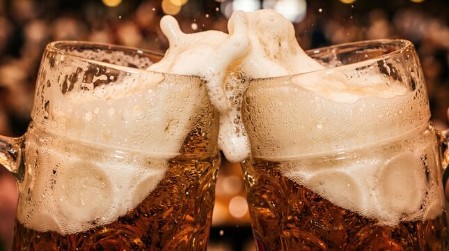 Two clinking cocktail glasses with effervescent bubbles in dim bar lighting