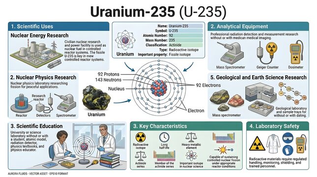 Uranium-235 Scientific Uses Classroom Chart for Nuclear Science Education Featuring Fission Research, Reactor Fuel, Enrichment, Isotope Properties, Atomic Structure, Environmental Study, and Safe Hand