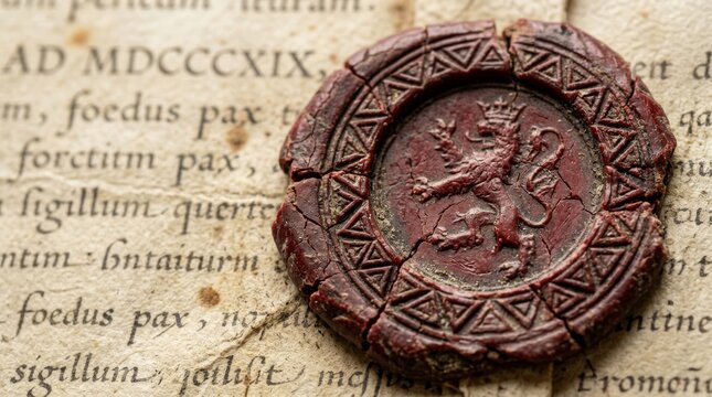 Macro photography of an ancient heraldic red wax seal with a lion crest emblem on a vintage parchment document with old Latin text and Roman numerals, symbol of authority and history.