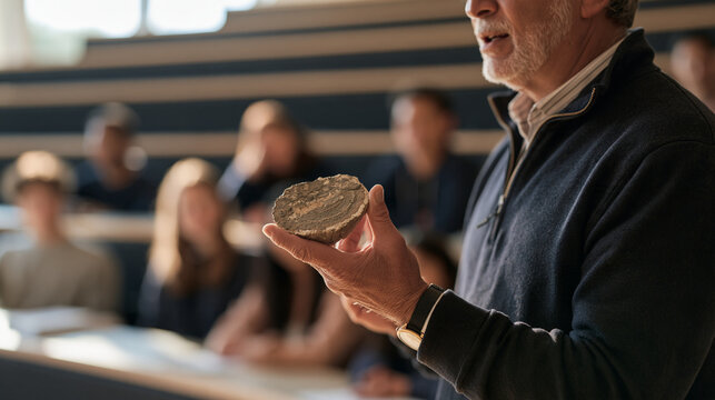 Close-up of a geology professor's weathered hands holding a cross-sectioned rock core sample up toward attentive students seated in a sloped lecture hall during an earth sciences