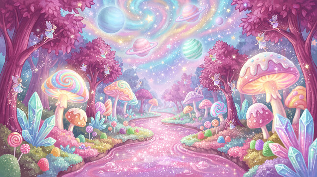 Enchanted fantasy forest with magical glowing mushrooms, sparkling river, colorful planets, and tiny fairies in a whimsical dreamlike landscape