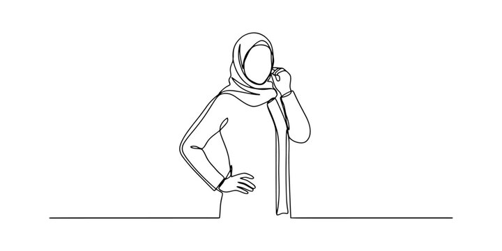 Continuous single line drawing of a stylish woman wearing a hijab headscarf posing with confidence