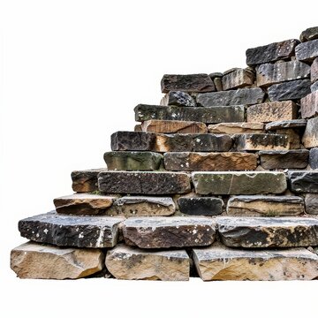 Ancient inca stone terrace step with rough jagged edges and layered stones isolated on white background