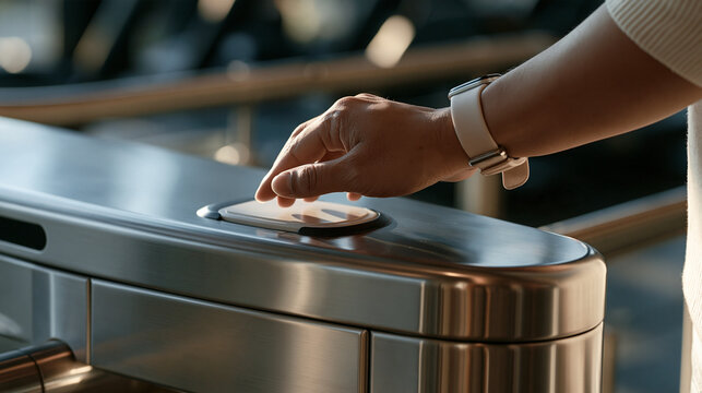 Close up of a stainless steel NFC reader embedded in a gym turnstile, membership wristband approaching the sensor, fitness center access control concept, motion blur background