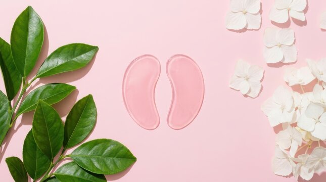 Pink hydrogel eye patches with green leaves and white flowers on a pink background