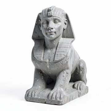Grey stone sphinx model with detailed features and body, ancient egyptian mythical sculpture against white background