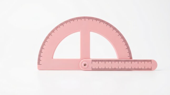 Pink plastic protractor with a rotating ruler arm isolated on white background